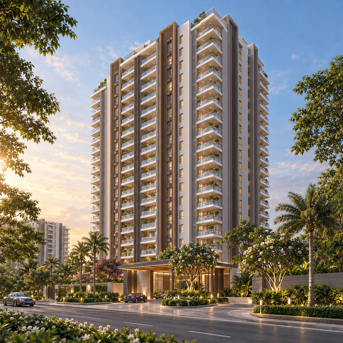Mythri Sarjapur indicative street elevation of a block at two basements plus ground plus twenty upper floors