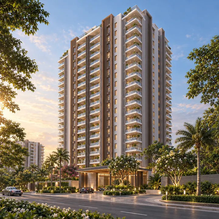 Mythri Sarjapur indicative street elevation of a block at two basements plus ground plus twenty upper floors
