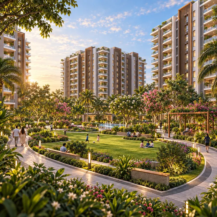Mythri Sarjapur indicative landscaped gardens between the seven residential blocks