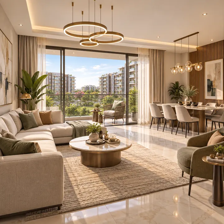 Mythri Sarjapur indicative apartment living and dining interior with a balcony
