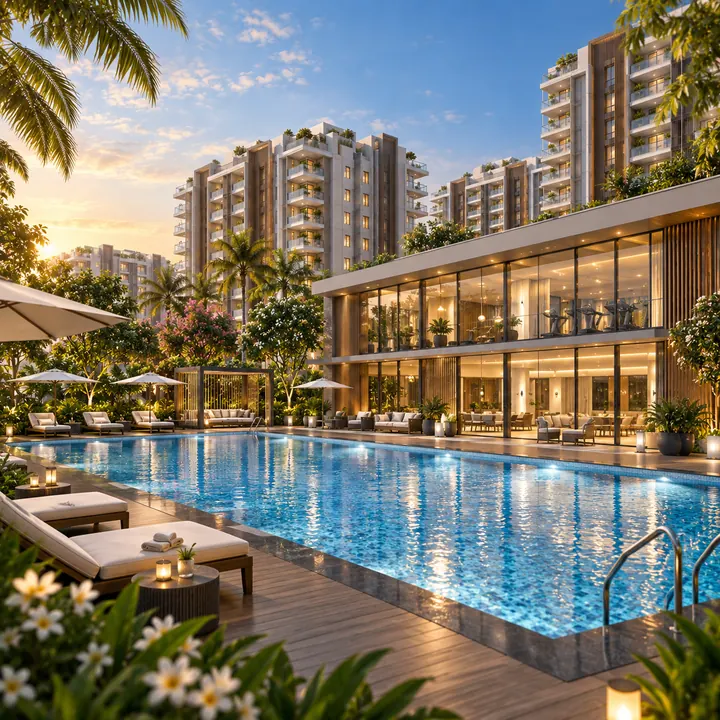 Mythri Sarjapur indicative swimming pool and deck within the amenity precinct