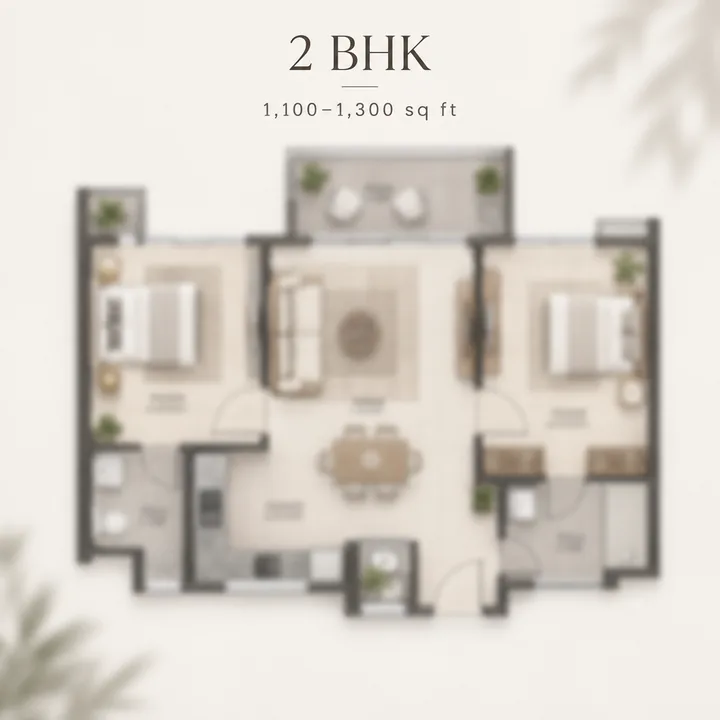 Mythri Sarjapur 2 BHK indicative floor plan, 1,100 to 1,300 sq ft as listed in pre-launch material