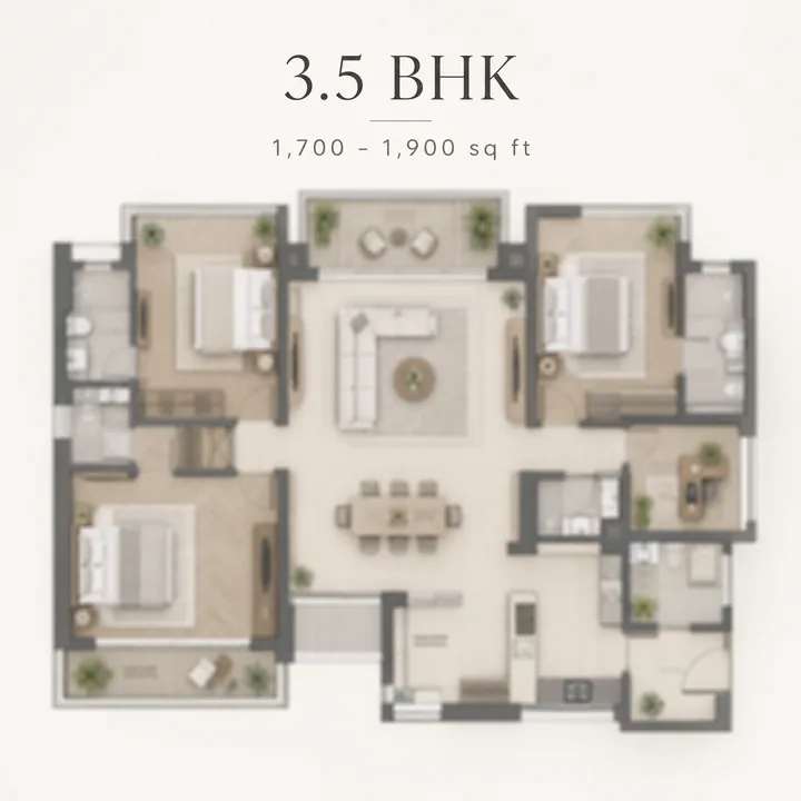Mythri Sarjapur 3.5 BHK indicative floor plan, 1,700 to 1,900 sq ft as listed in pre-launch material
