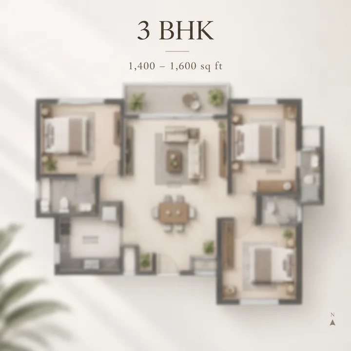 Mythri Sarjapur 3 BHK indicative floor plan, 1,400 to 1,600 sq ft as listed in pre-launch material