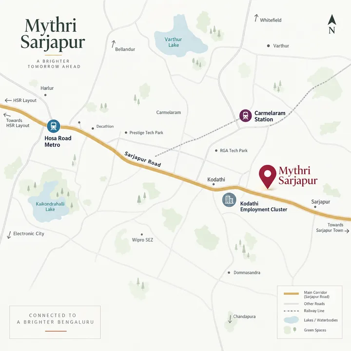 Mythri Sarjapur location map showing Sarjapur Road, Carmelaram station and the Kodathi employment cluster